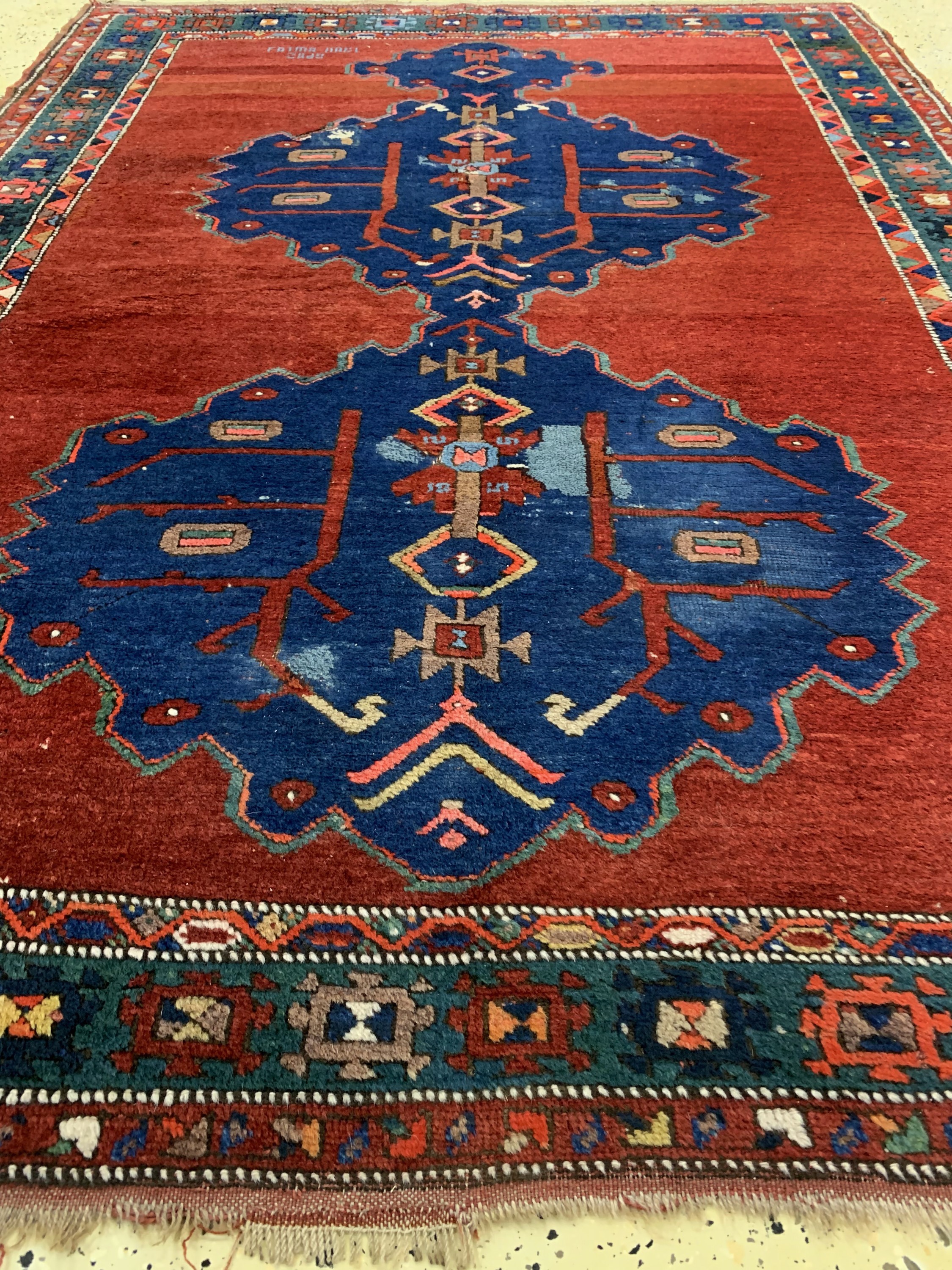 Detail d: Armenischer Kazak antik, signiert, Kaukasus, um 1900, Wolle auf Wolle, ca. 204 x 150 cm, EHZ: 2-3, (Alte Restaurierungen)