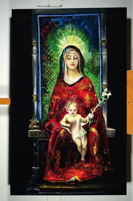 26774629k - Bajalanlou, contemporary Iranian artist, Mother of God, oil on black velvet, signed lower right, 146x90 cm, unframed