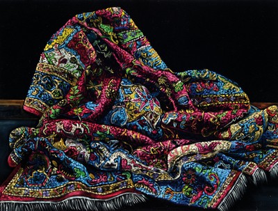Image 26774630 - Bajalanlou, contemporary Iranian artist, draped Persian carpet, oil on black velvet, 60x80 cm