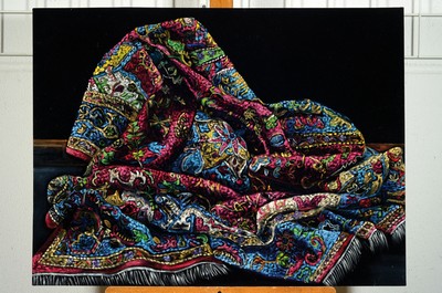 Image 26774630k - Bajalanlou, contemporary Iranian artist, draped Persian carpet, oil on black velvet, 60x80 cm