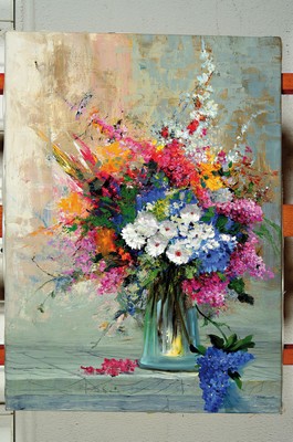 26774631a - Bajalanlou, contemporary Iranian artist, pair of floral still lifes, oil/canvas, unframed, 58x39/60x43 cm