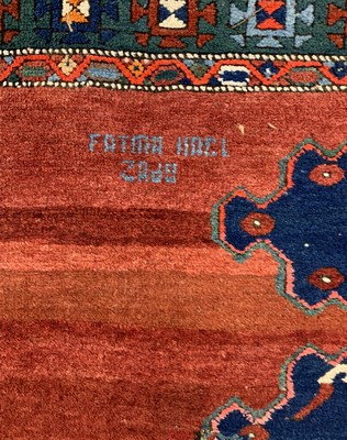 26774637c - Armenian Kazak antique, signed, Caucasus, around 1900, wool on wool, approx. 204 x 150 cm, condition: 2-3, (old restorations). Rugs, Carpets & Flatweaves