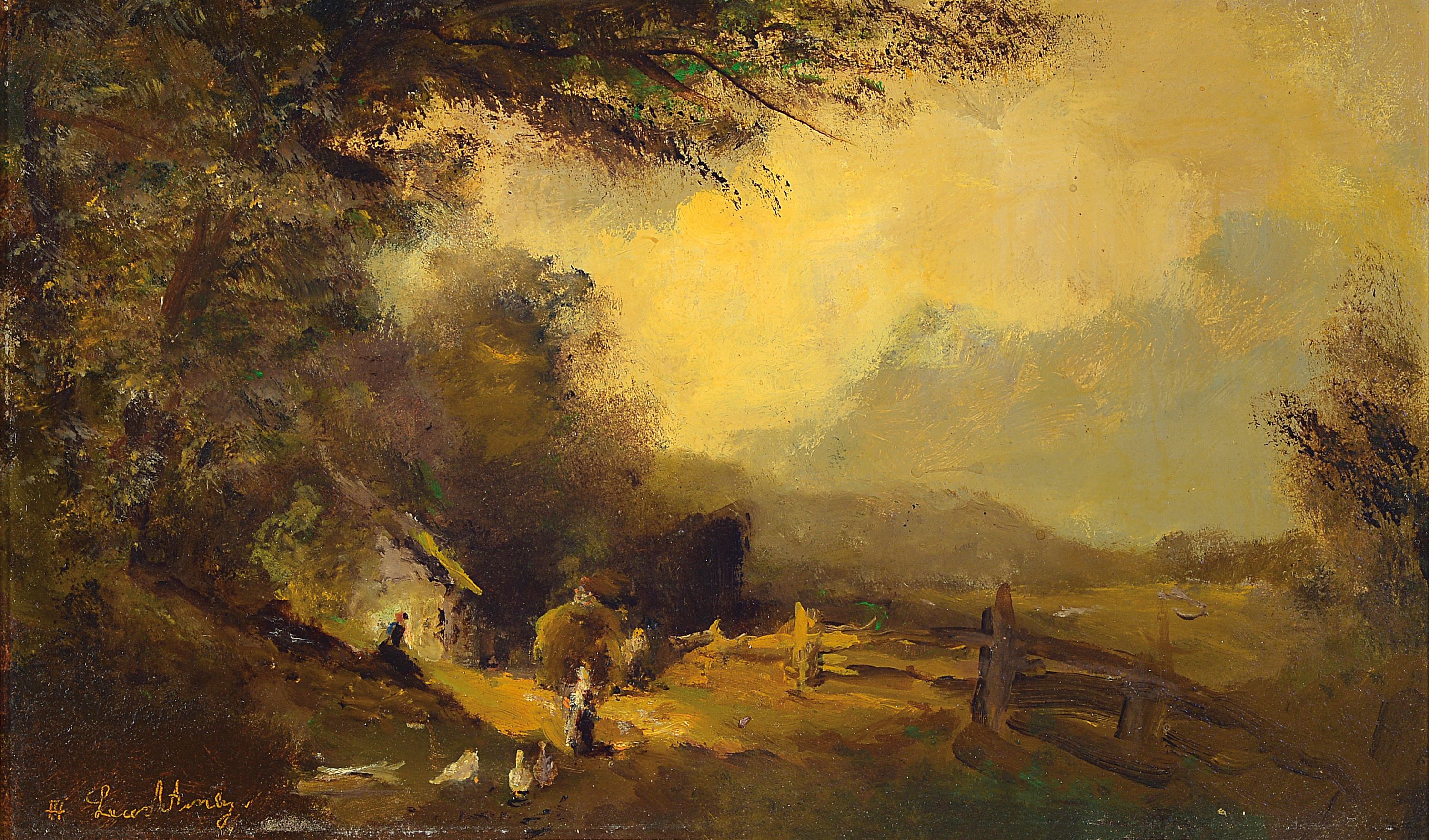 Heinrich Leuchtenberg, Maler des frühen 20. Jh., Abendstimmung über dem Bauernhaus mit Bauern und Gänsen, Öl/Hartfaser, links unten signiert, ca. ...