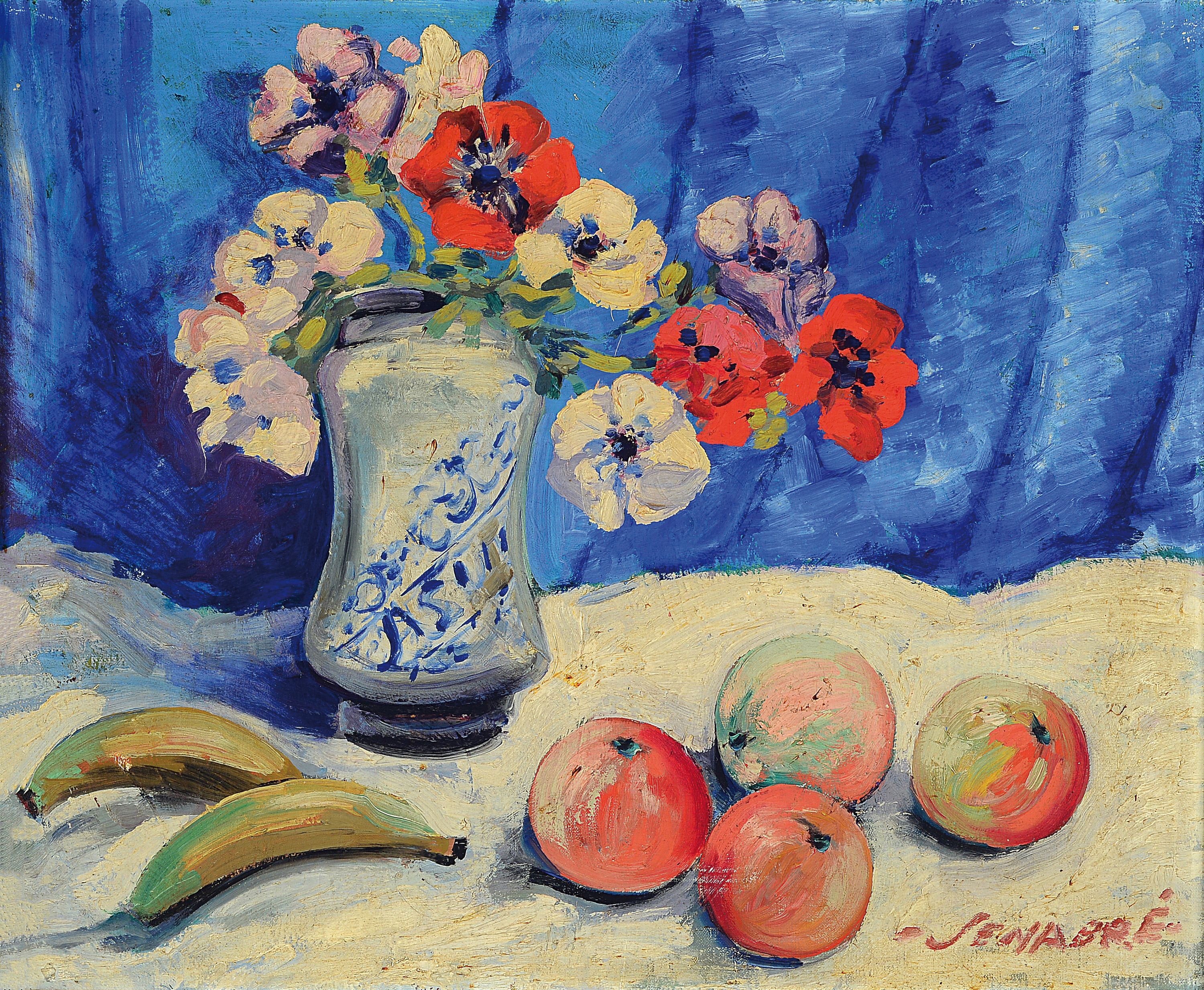 Ramon Jou Senabré, 1893-1978 Spanien, Stillleben mit Blumen, Äpfeln und Bananen, Öl/Lwd, rechts unten signiert, ca. 50x60cm, R. ca. 60x70cm
