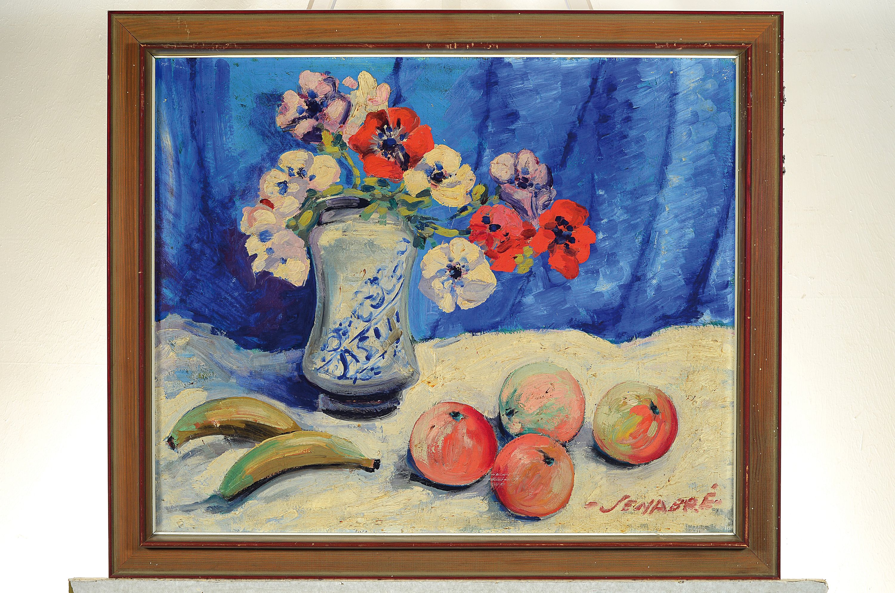 Detail k: Ramon Jou Senabré, 1893-1978 Spanien, Stillleben mit Blumen, Äpfeln und Bananen, Öl/Lwd, rechts unten signiert, ca. 50x60cm, R. ca. 60x70cm