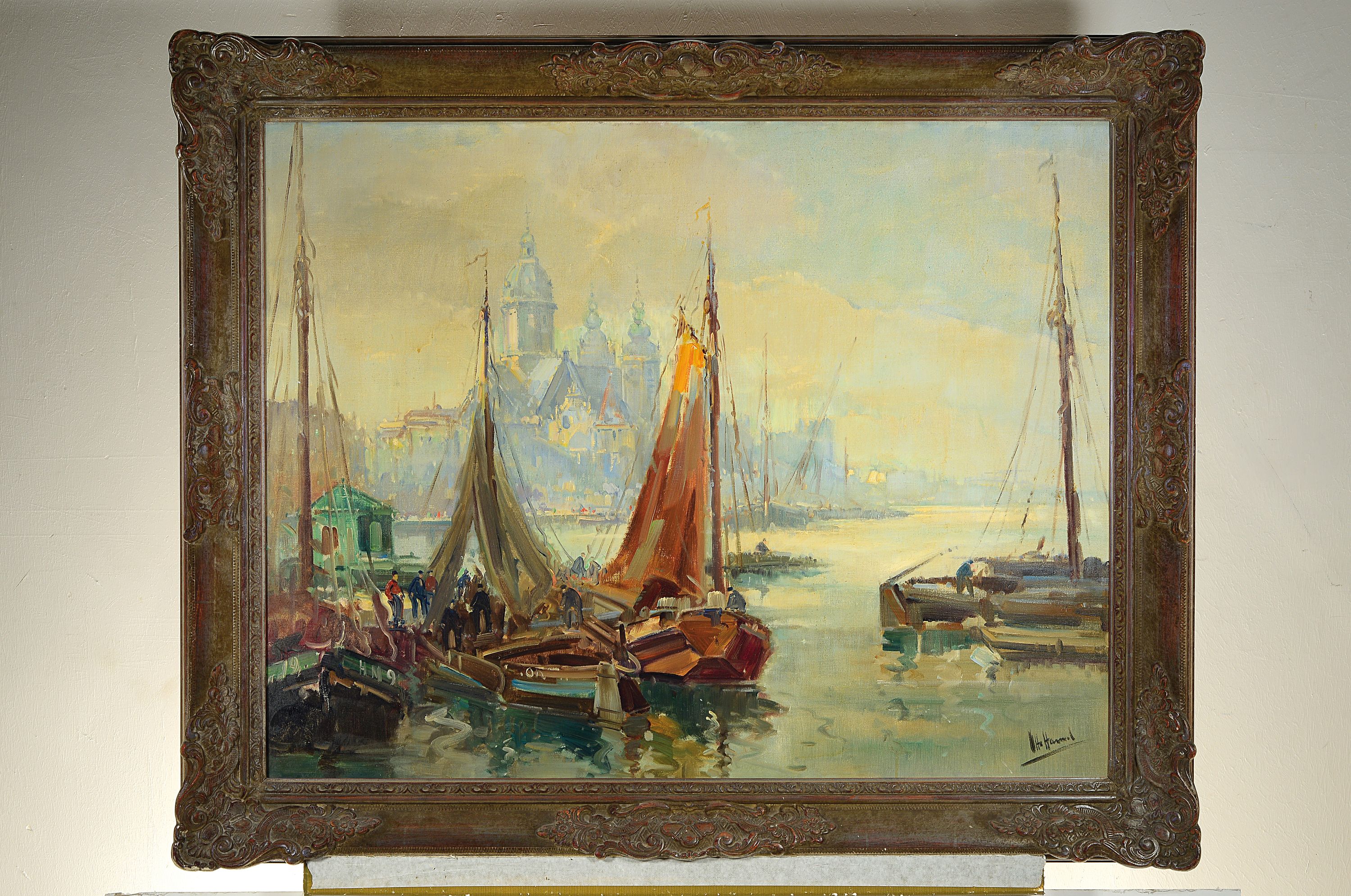 Detail k: Otto Hamel, 1866 Erfurt-1950 Lohr/Main, Blick in den Hamburger Hafen, Öl/Lwd, rechts unten signiert, ca. 70x90cm, R. ca. 88x108cm, Otto Hamel war ...