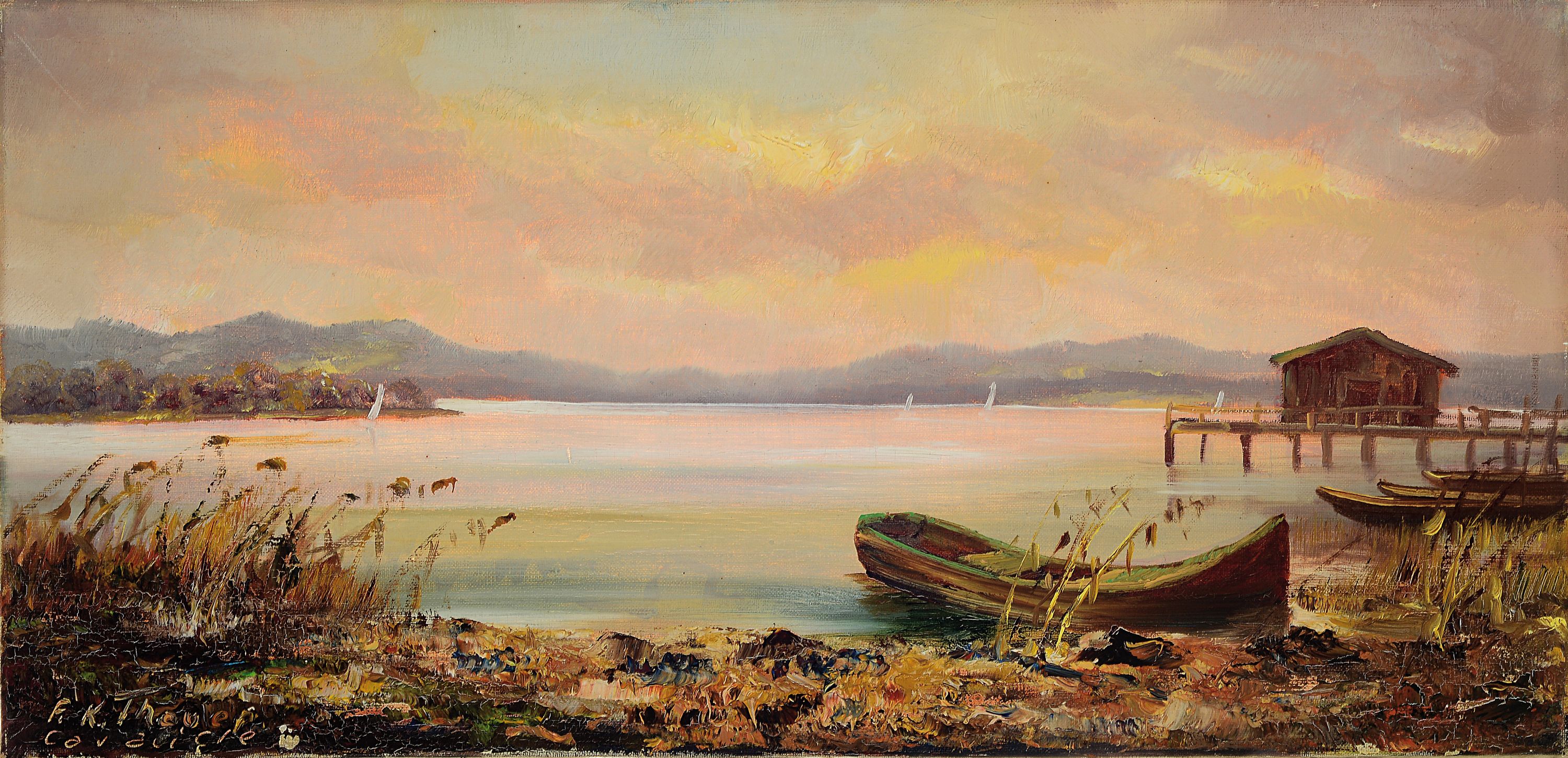 Friedrich Karl Thauer, 1924-2009, Studium in München bei Prof.Metz und Hagenmüller, später bei Kokoschka, hier: Am Bodensee, rückseitig so ...