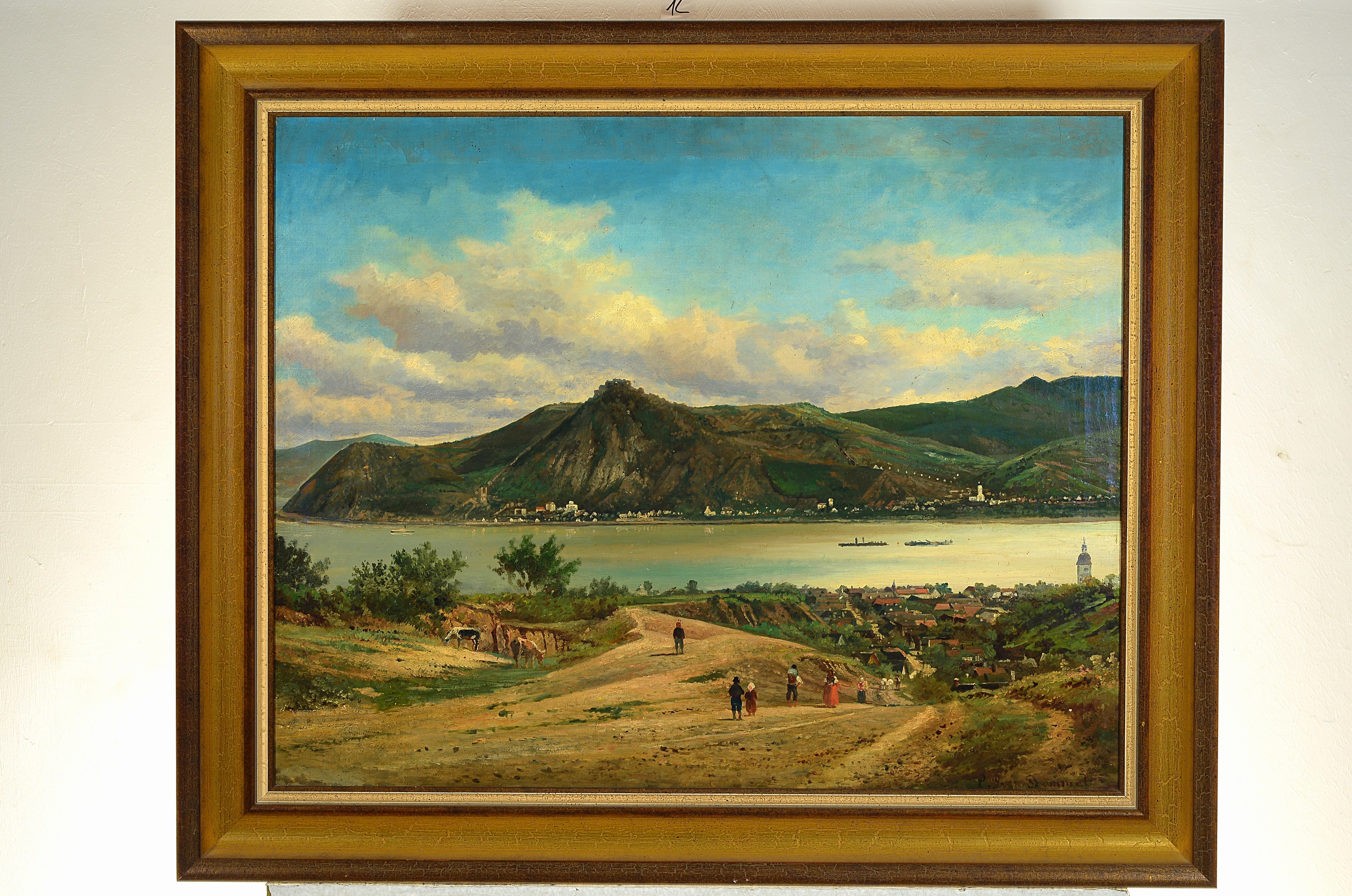 Elias Pieter van Bommel, 1819-1890, Weite Landschaft mit Flusstal, Burg und Personen, "Videgrad an der Donau" so verso skundär bez., ...