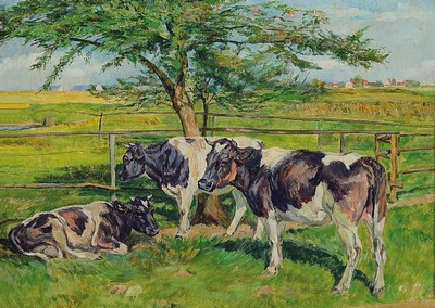 Image 26774953 - Willy Tag, 1886 Auerbach-1980 Eschdorf near Dresden, Three cows in the shade of a tree on pasture, oil/painting cardboard, right below sign., approx. 30x40cm, frame approx. 42x52cm