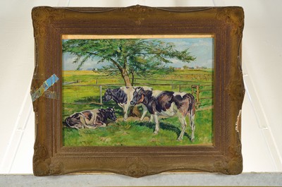 26774953k - Willy Tag, 1886 Auerbach-1980 Eschdorf near Dresden, Three cows in the shade of a tree on pasture, oil/painting cardboard, right below sign., approx. 30x40cm, frame approx. 42x52cm