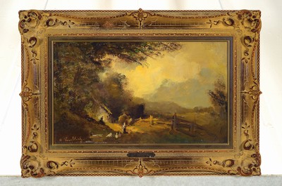 26774954k - Heinrich Leuchtenberg, painter of the early 20th century, Evening mood above the farmhousewith farmers and geese, oil/hardboard, signed lower left, approx. 24x40cm, frame approx. 37x53cm