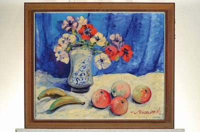 26774955k - Ramon Jou Senabré, 1893-1978 Spain, still lifewith flowers, apples and bananas, oil/canvas, signed lower right, approx. 50x60cm, frame approx. 60x70cm