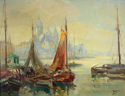 Image 26774983 - Otto Hamel, 1866 Erfurt-1950 Lohr/Main, view into the port of Hamburg, oil/canvas, signed lower right, approx. 70x90cm, frame approx. 88x108cm, Otto Hamel was a professor, studied at the academy Erfurt and de Academie Julian Paris