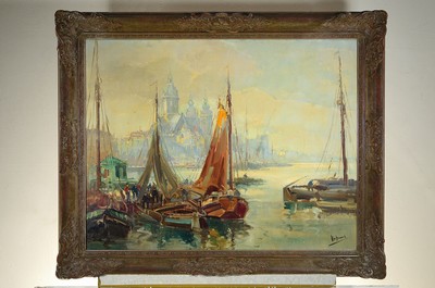 26774983k - Otto Hamel, 1866 Erfurt-1950 Lohr/Main, view into the port of Hamburg, oil/canvas, signed lower right, approx. 70x90cm, frame approx. 88x108cm, Otto Hamel was a professor, studied at the academy Erfurt and de Academie Julian Paris