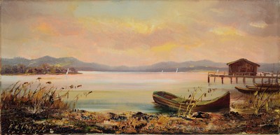 Image 26774985 - Friedrich Karl Thauer, 1924-2009, Studies in Munich with Prof. Metz and Hagenmüller, later with Kokoschka, here: Am Bodensee, on the backso titled, oil/canvas, lower left sign., approx. 24x50cm, frame approx. 35x61cm
