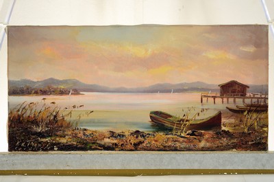 26774985k - Friedrich Karl Thauer, 1924-2009, Studies in Munich with Prof. Metz and Hagenmüller, later with Kokoschka, here: Am Bodensee, on the backso titled, oil/canvas, lower left sign., approx. 24x50cm, frame approx. 35x61cm