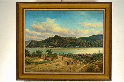 Image 26774987 - Elias Pieter van Bommel, 1819-1890, wide landscape with river valley, castle and people, oil/canvas, signed lower right, approx. 63x79cm, frame approx. 78x95cm