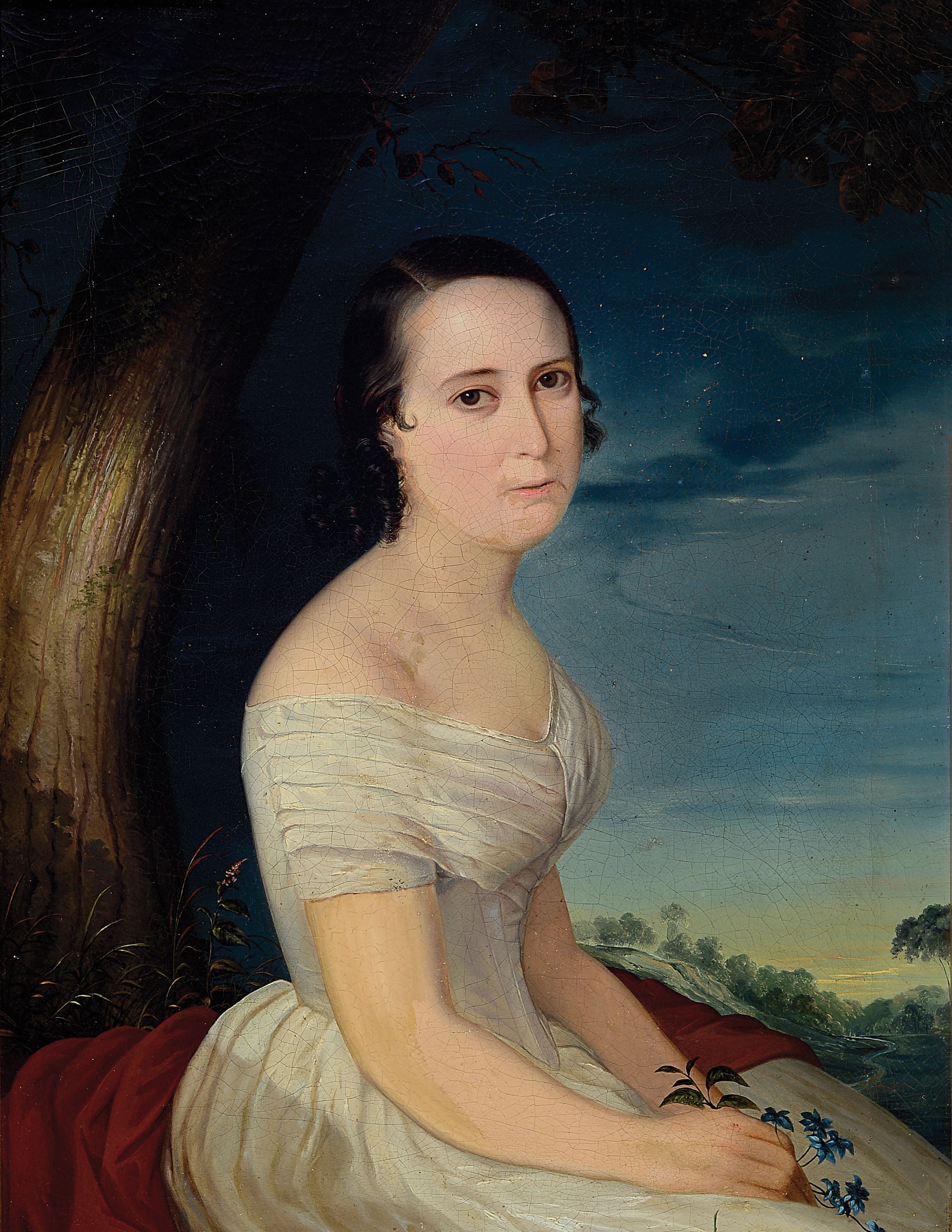 Unbekannter Künstler des frühen 19.Jh., Biedermeier-Porträt um 1820, junge Frau mit klassizistischem weiße Kleid, hintergründige Abendlandschaft ...
