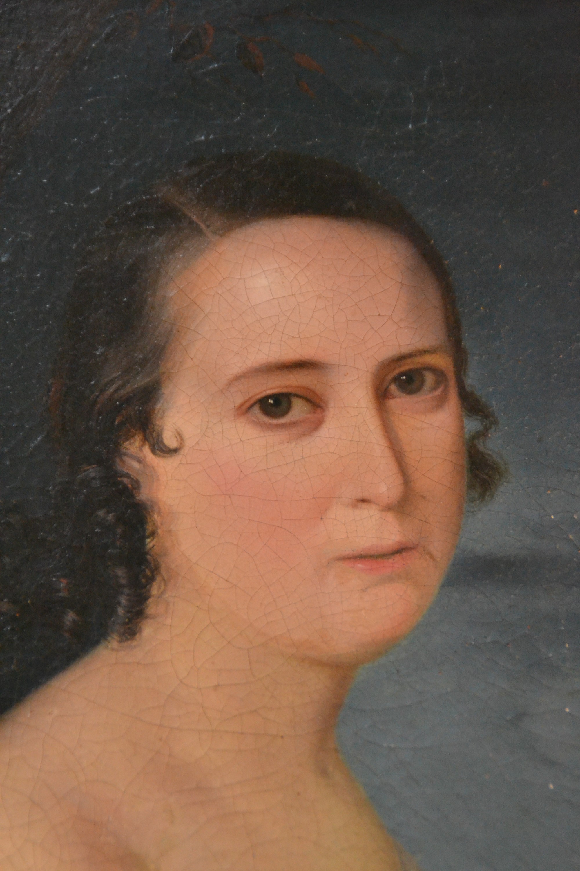 Detail b: Unbekannter Künstler des frühen 19.Jh., Biedermeier-Porträt um 1820, junge Frau mit klassizistischem weiße Kleid, hintergründige Abendlandschaft ...