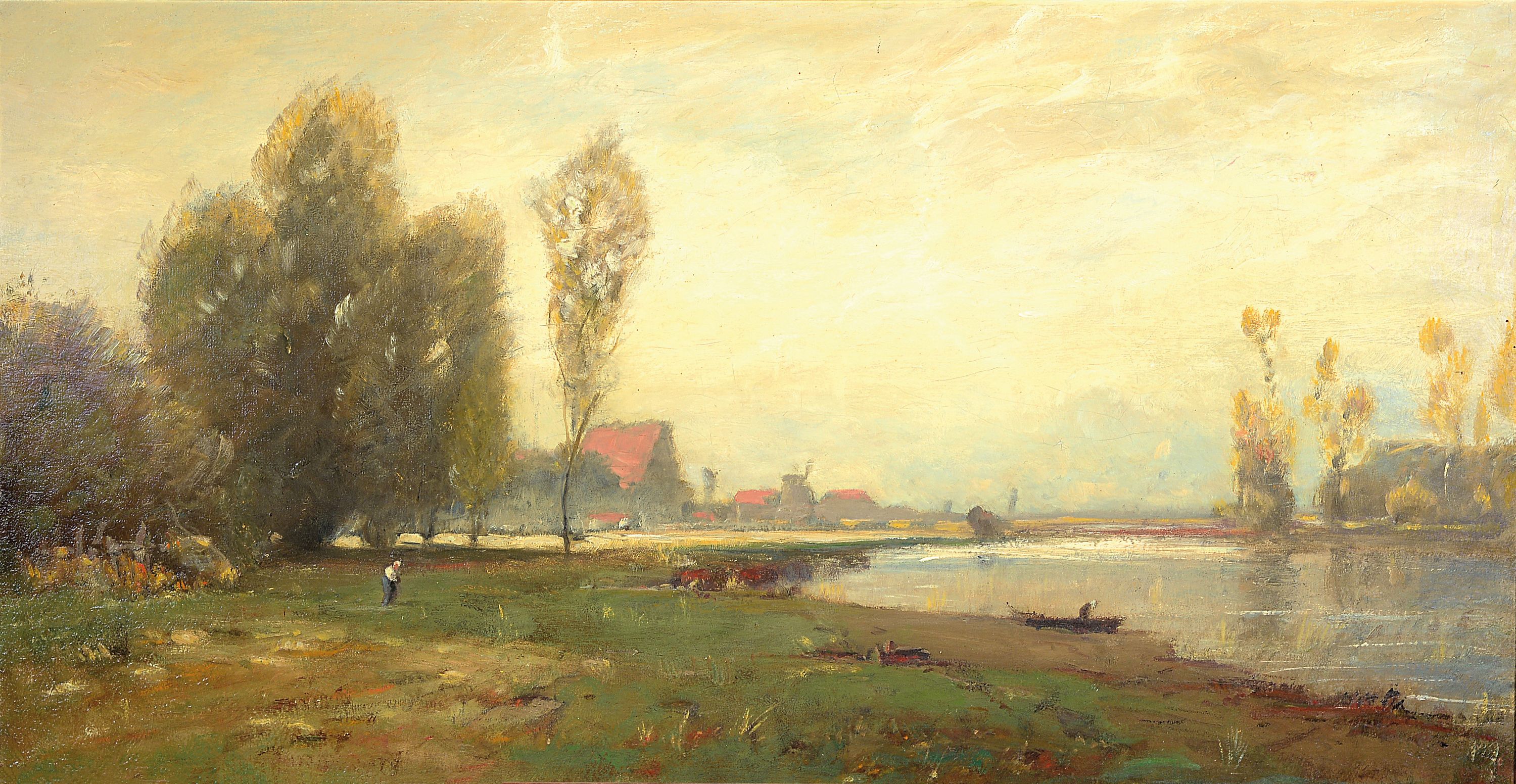 Ludwig Willroider, 1845 Villach-1910 Bernried, Weite Seeuferlandschaft mit einer Ortschaft im Hintergrund, Öl/Lwd, unsigniert, verso auf Lwd und ...