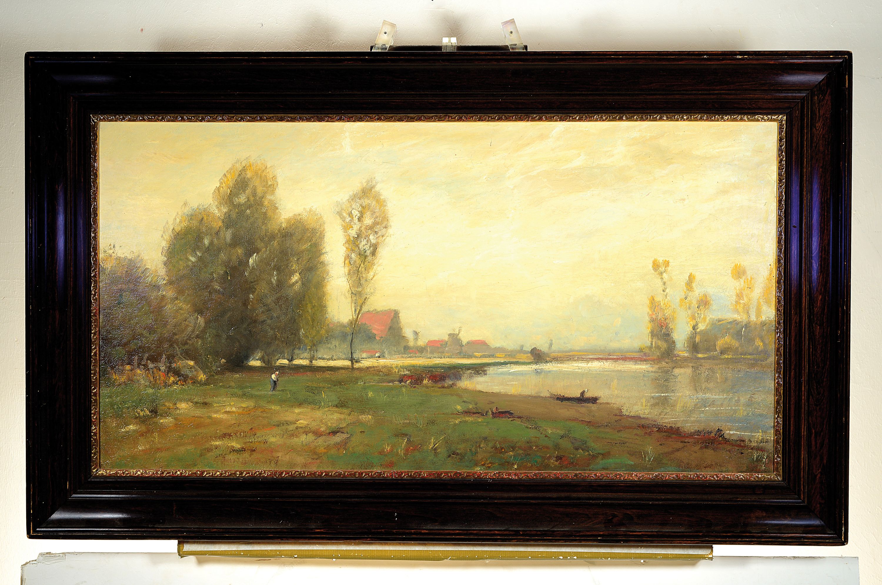 Detail k: Ludwig Willroider, 1845 Villach-1910 Bernried, Weite Seeuferlandschaft mit einer Ortschaft im Hintergrund, Öl/Lwd, unsigniert, verso auf Lwd und ...