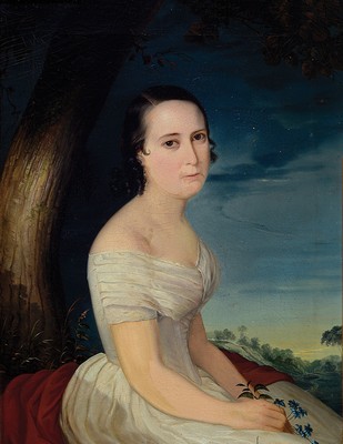 Image 26775018 - Unidentified artist of the early 19th century, Biedermeier portrait around 1820, young woman with classicist white dress, background evening landscape with finely painted grasses, hands folded in lap holding gentian flowers, gentian as a symbol of purity and loyalty refers to the unmarried status of the depicted, oil/canvas, mounted on wood, flat, finely formed craquele, matching Biedermeier frame with ebonized corner gussets, 59x44 / 73x57 cm