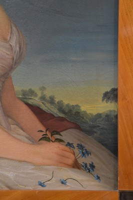 26775018c - Unidentified artist of the early 19th century, Biedermeier portrait around 1820, young woman with classicist white dress, background evening landscape with finely painted grasses, hands folded in lap holding gentian flowers, gentian as a symbol of purity and loyalty refers to the unmarried status of the depicted, oil/canvas, mounted on wood, flat, finely formed craquele, matching Biedermeier frame with ebonized corner gussets, 59x44 / 73x57 cm