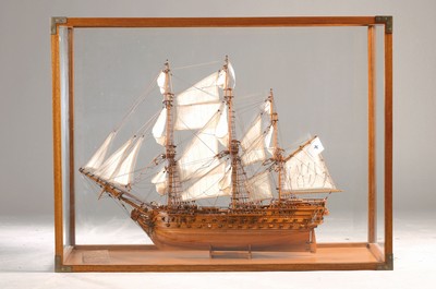 Image 26775106 - Model ship of the "Superbe", three-master withfull rigging, wood, fabric and ropes, showcaseglazed on all sides, approx. 77x103x 43cm