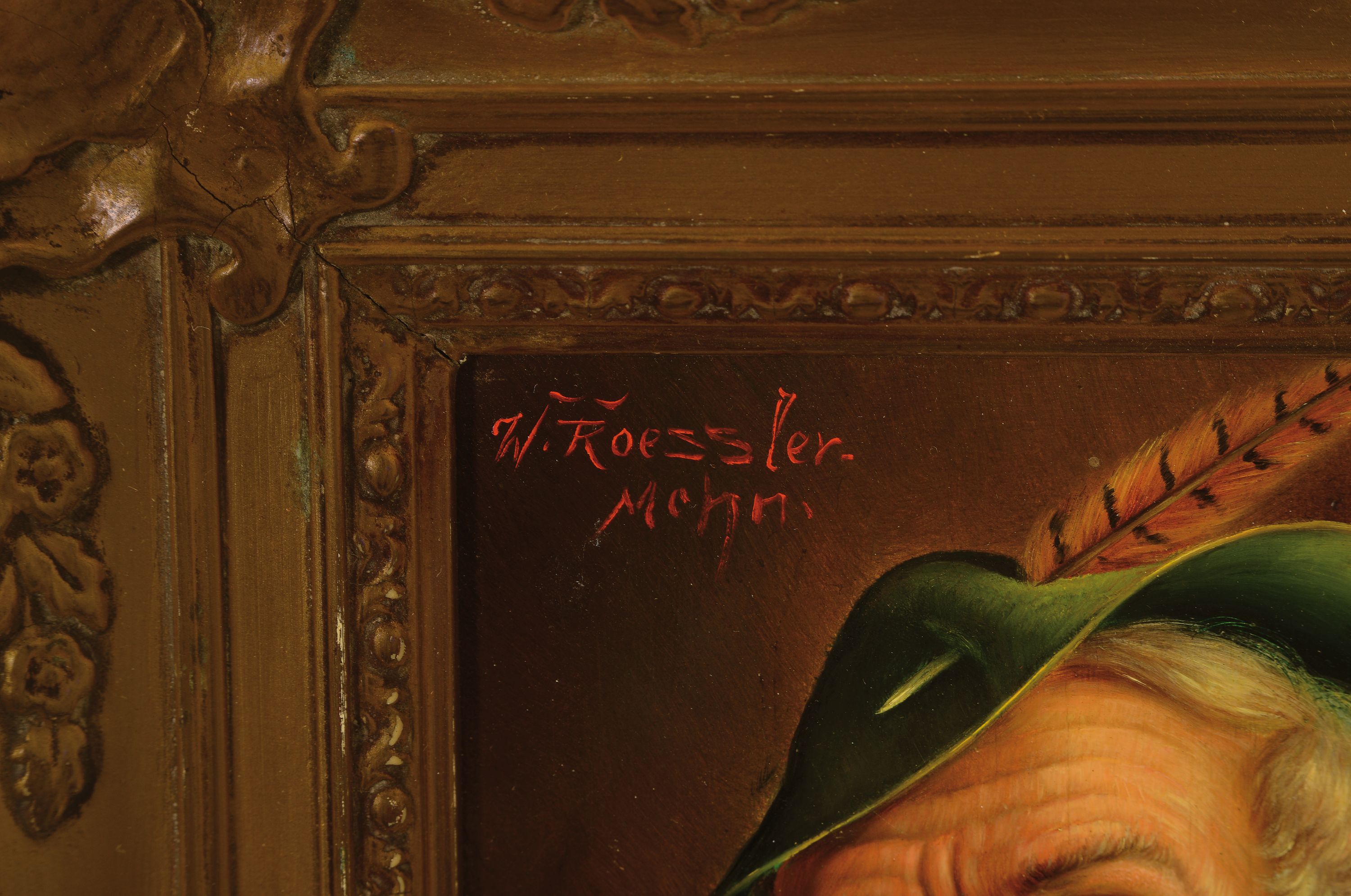 Detail b: Walter Roessler, 1893-1960 München, zwei Porträts von Bauern mit Hut, Öl/Holz, links oben sign. W. Roessler Mchn, je ca. 18x13.5cm, R. ca. 29x24cm