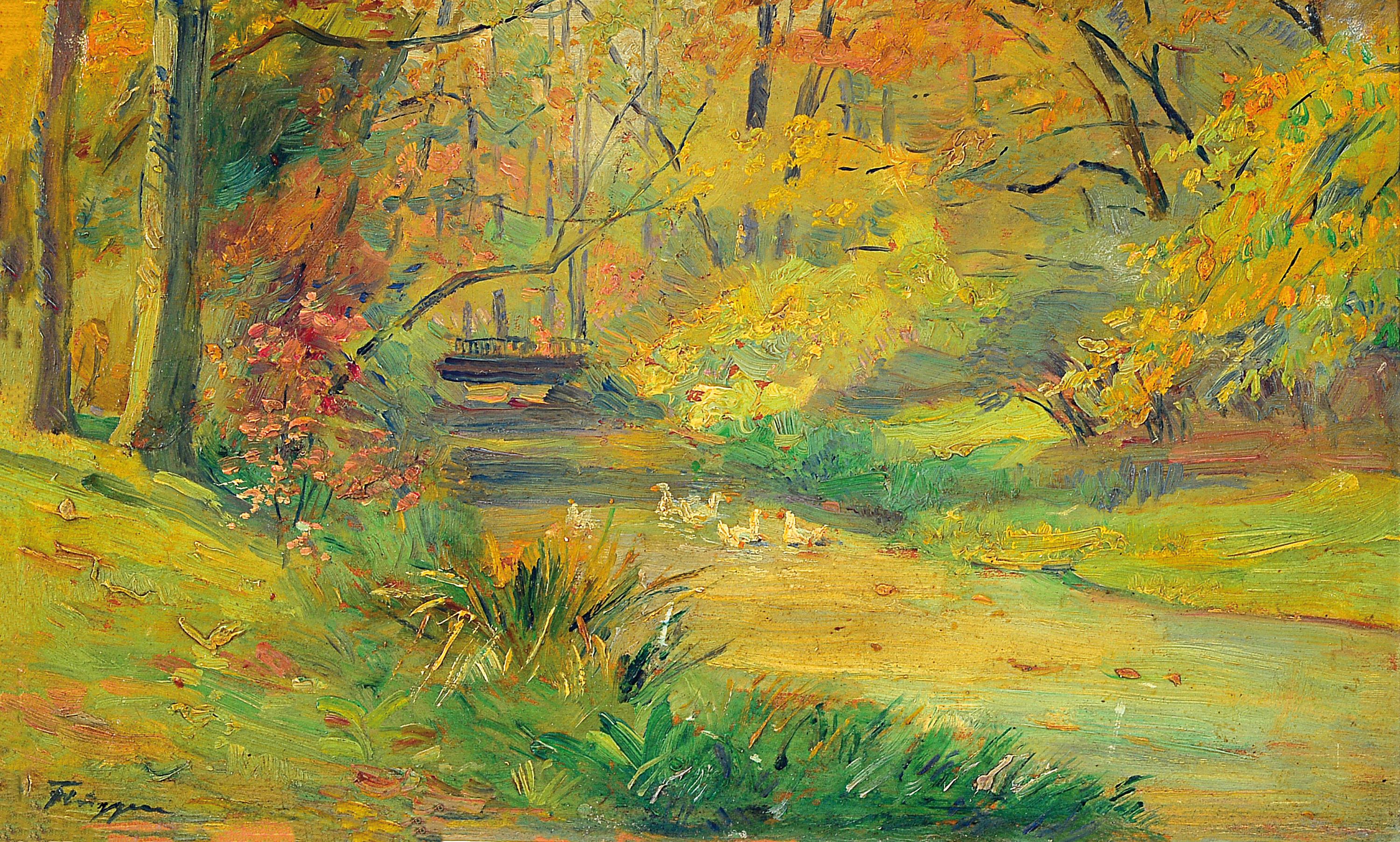 Hans Flüggen, 1875-1942, Herbst im englischen Garten, so rückseitig betitelt und mit handschriftlicher Widmung von 1926 versehen, Öl/Holz, links ...
