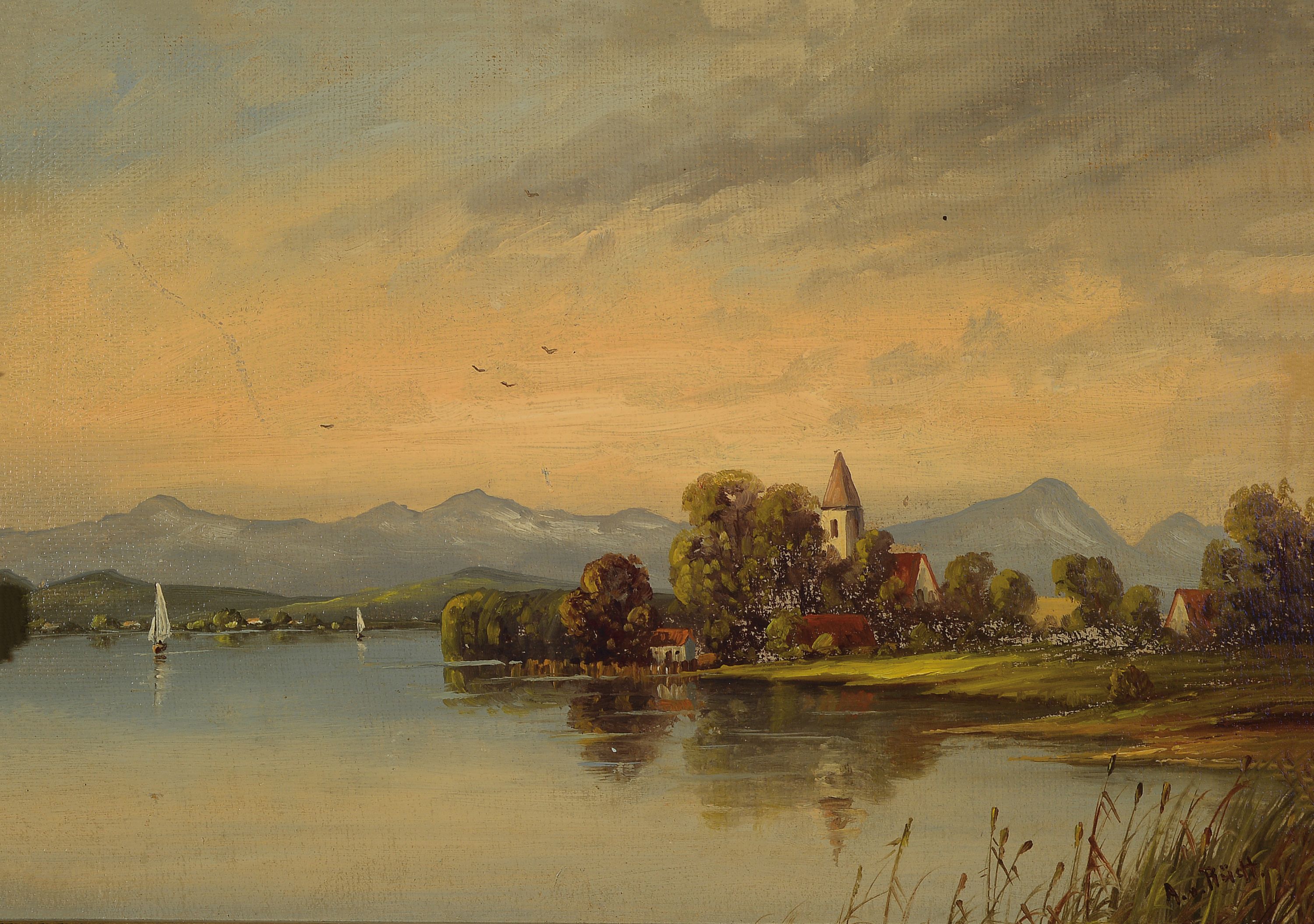 Anton von Rüdt, 1883-1936, Blick über den Chiemsee auf die Fraueninsel, Öl/Malkarton, rechts unten signiert, ca. 23x32cm, R. ca. 29x38cm