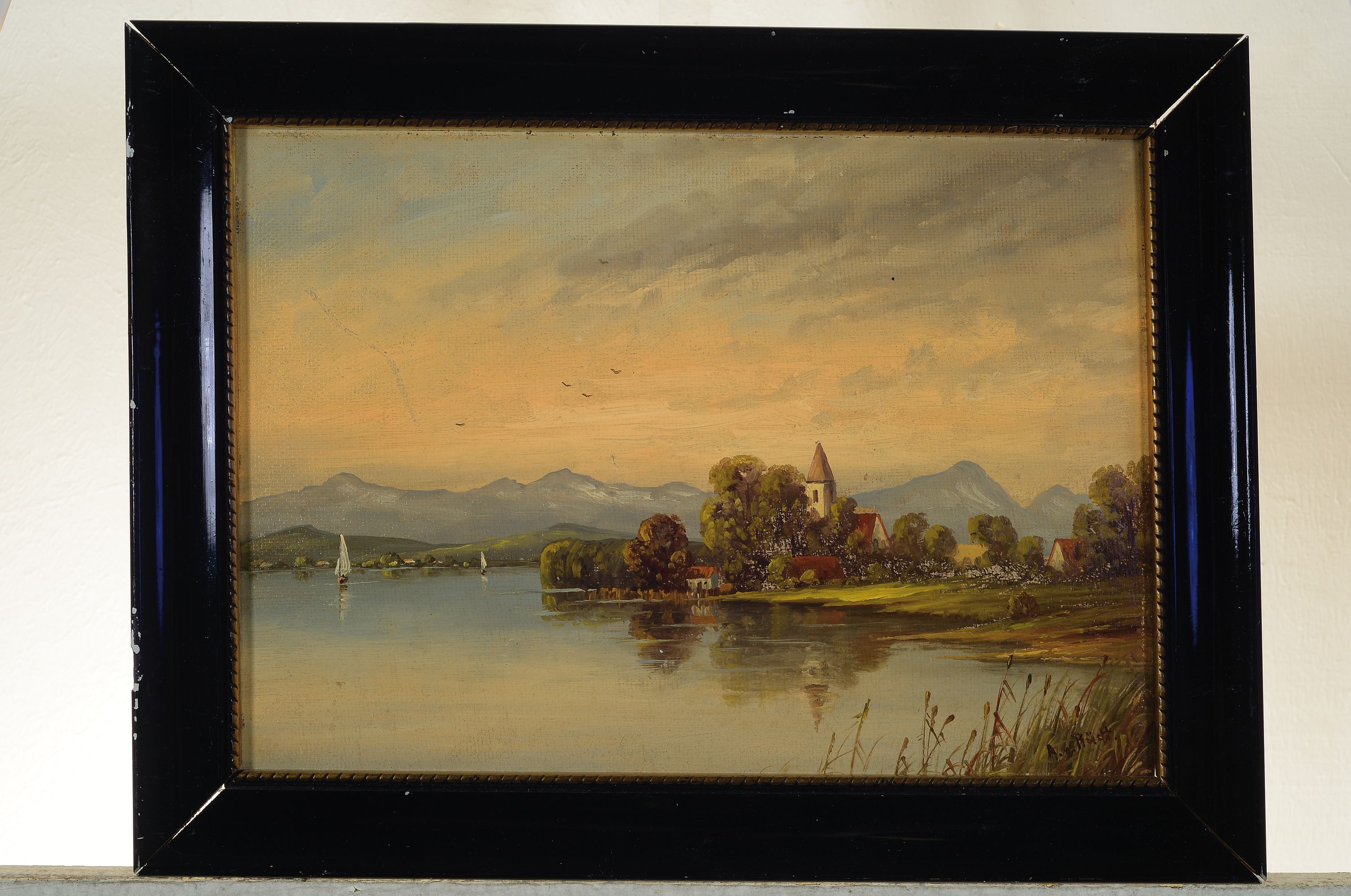 Detail k: Anton von Rüdt, 1883-1936, Blick über den Chiemsee auf die Fraueninsel, Öl/Malkarton, rechts unten signiert, ca. 23x32cm, R. ca. 29x38cm