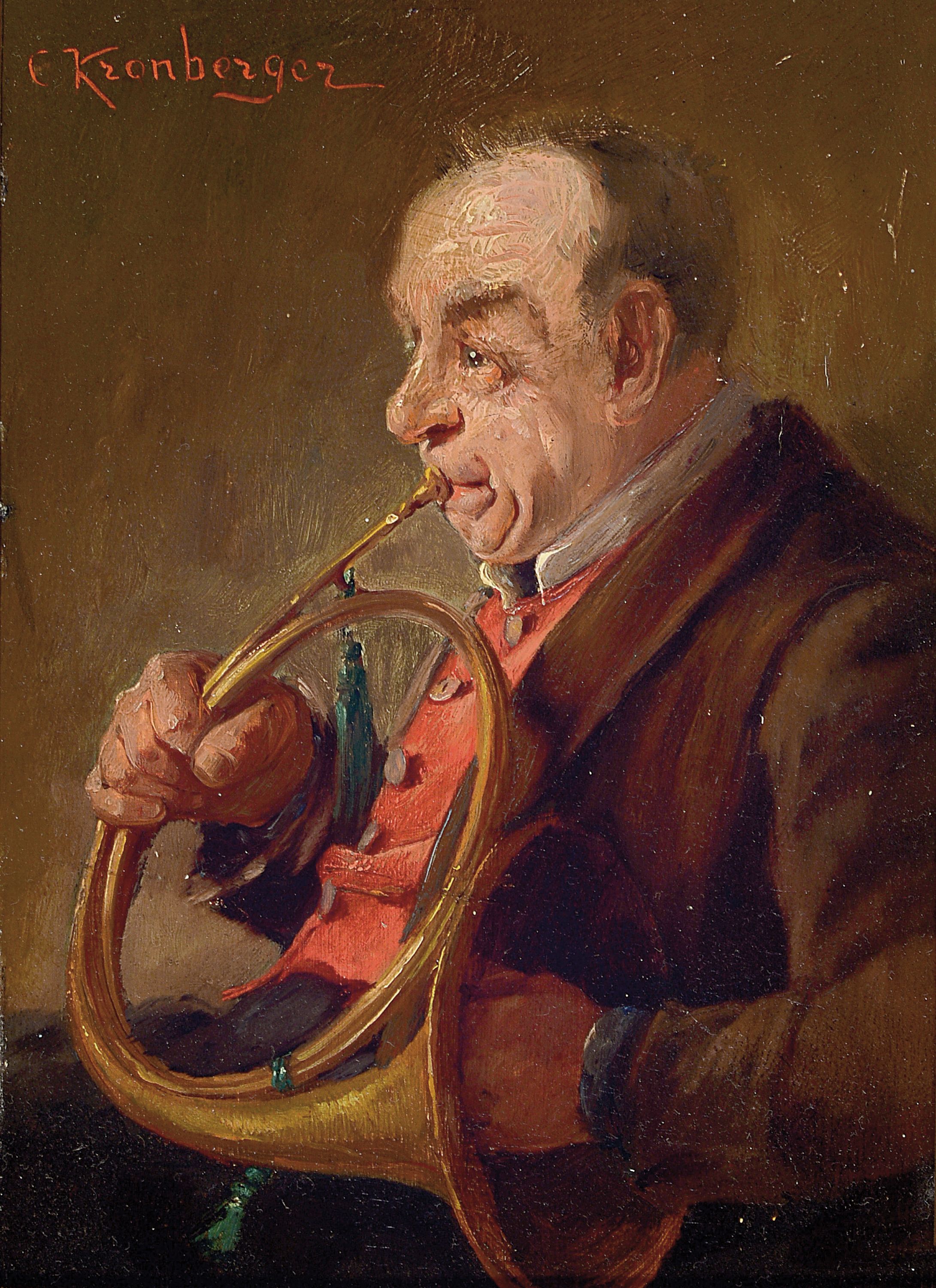 Carl Kronberger, 1841 Freistadt-1921 München, Porträt eines Hornisten, Öl/Holz, feine detaillierte Malerei, links oben signiert, ca. 21x15.5cm, R. ...