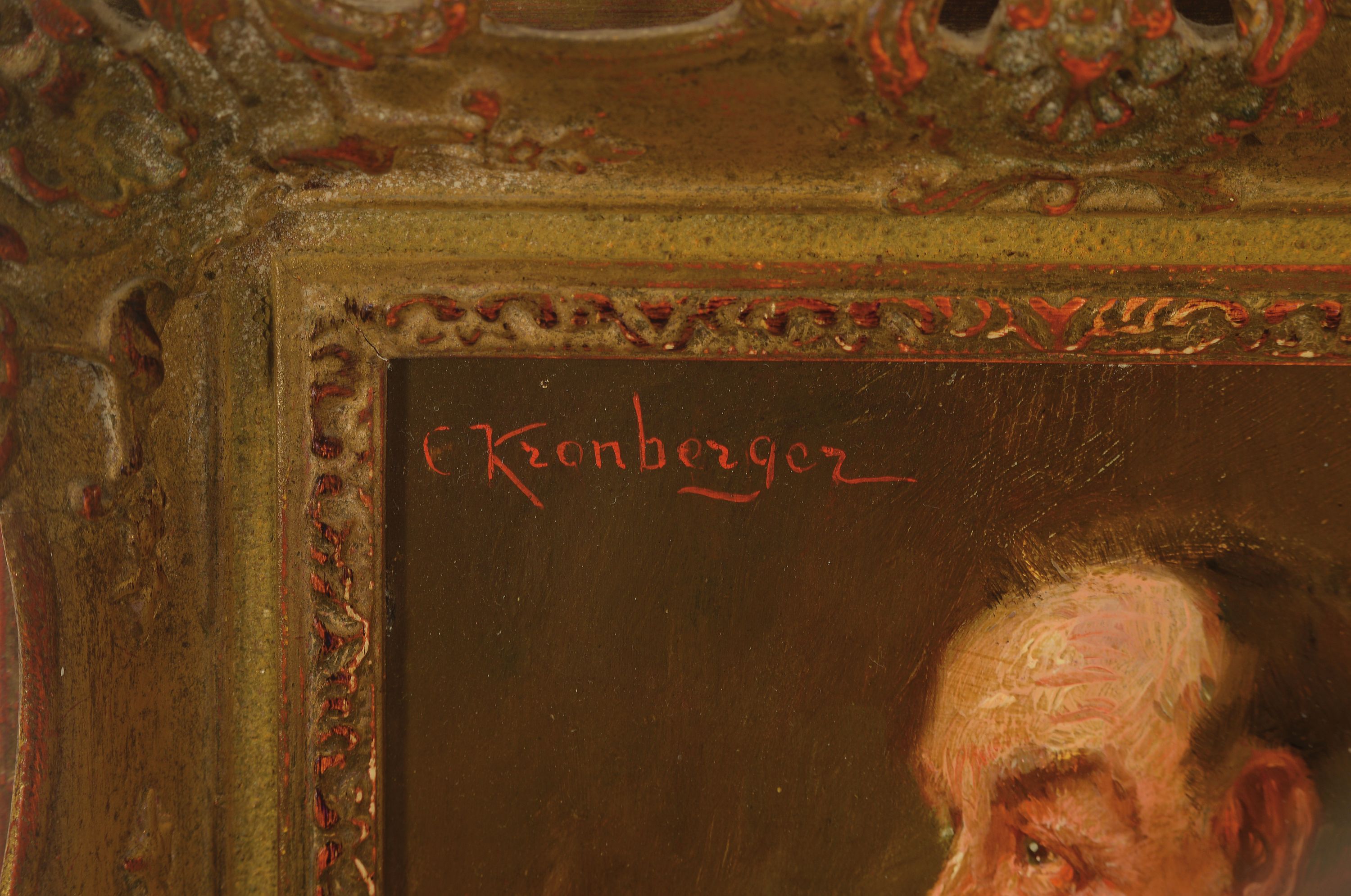 Detail l: Carl Kronberger, 1841 Freistadt-1921 München, Porträt eines Hornisten, Öl/Holz, feine detaillierte Malerei, links oben signiert, ca. 21x15.5cm, R. ...