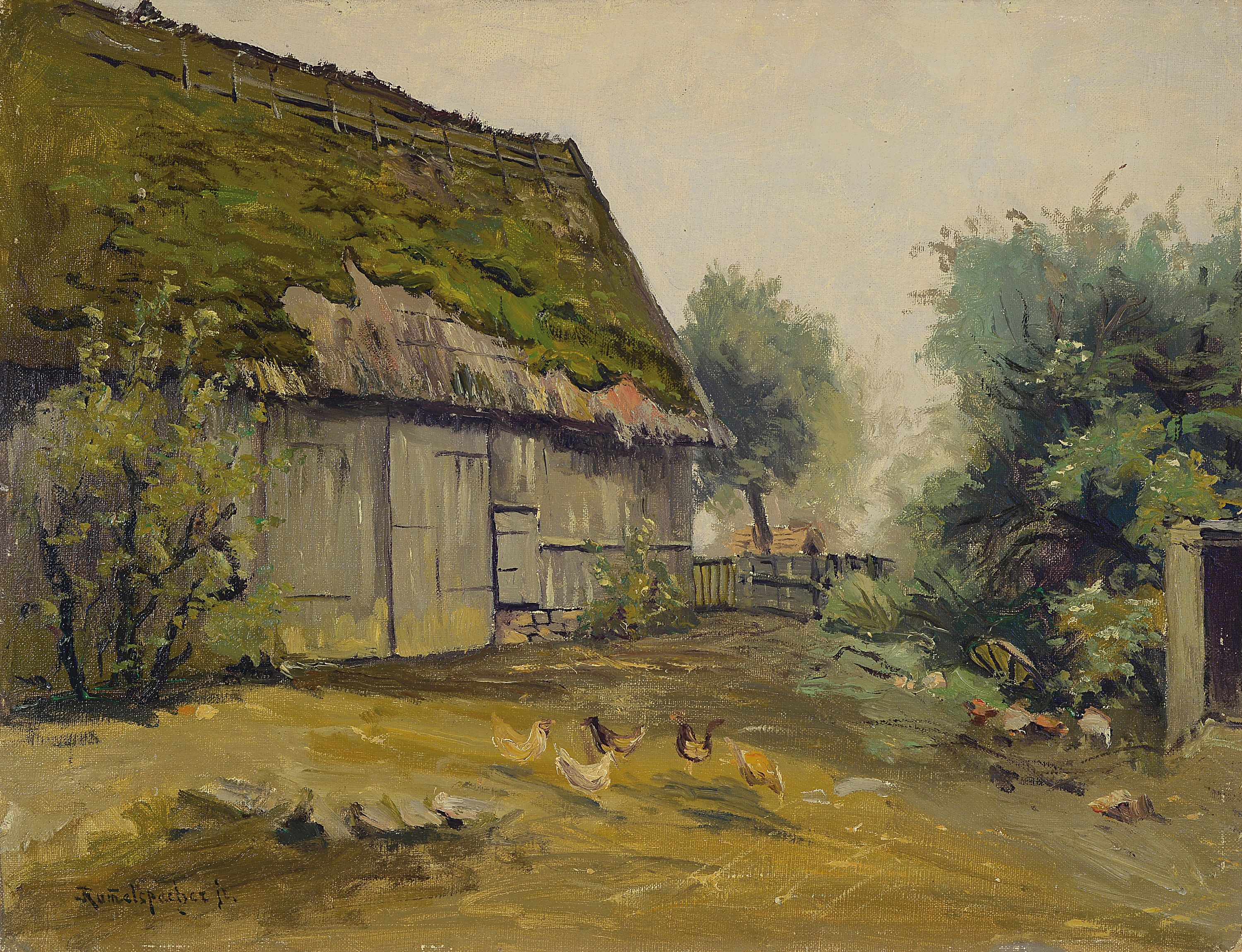 Joseph Rummelspacher, 1891 Berlin-1979, Alte Scheune in Malkersdorf, verso so betitelt, Öl/Malkarton, links unten signiert, ca. 41x52cm
