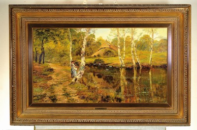 26775564k - Theodore Hines, ext. between 1860 and 1889, Flemish-English painter, young woman on the birch-lined bank of a pond with swans, in the background a farmhouse, oil/canvas, signed lower left, approx. 46x82cm, frame approx. 74x108cm
