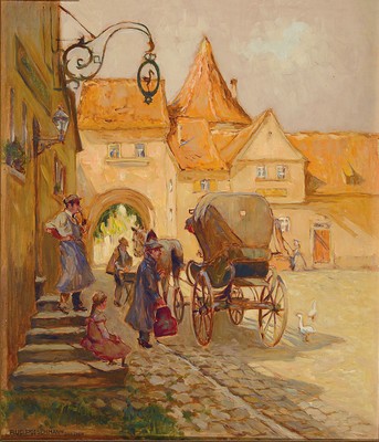 Image 26775565 - Rudolf Poeschmann, 1878 Plauen-1954 Dresden, in front of the tavern zum Storchen, so titledon the back, motif of the still existing inn in Prichsenstadt, Lower Franconia, often varied by the artist, which was also used for postcards, oil/hardboard, signed lower left, approx . 70x60cm, frame approx. 83x 74cm, thisslightly damaged, Poeschmann studied at the Academies Munich and Dresden, was a member of numerous artists' associations