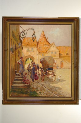 26775565k - Rudolf Poeschmann, 1878 Plauen-1954 Dresden, in front of the tavern zum Storchen, so titledon the back, motif of the still existing inn in Prichsenstadt, Lower Franconia, often varied by the artist, which was also used for postcards, oil/hardboard, signed lower left, approx . 70x60cm, frame approx. 83x 74cm, thisslightly damaged, Poeschmann studied at the Academies Munich and Dresden, was a member of numerous artists' associations