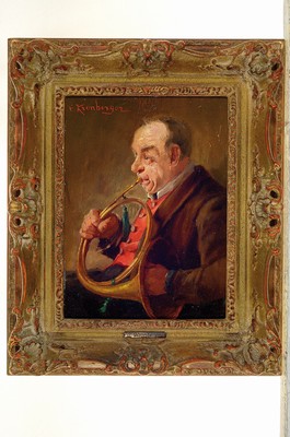 26775570k - Carl Kronberger, 1841 Freistadt-1921 Munich, portrait of a horn player, oil/wood, fine detailed painting, upper left signed, approx. 21x15.5cm, frame approx. 30x25cm