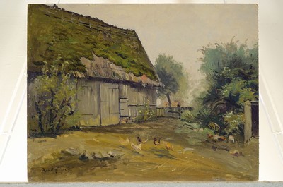 26775594k - Joseph Rummelspacher, 1891 Berlin-1979, Old Barn in Malkersdorf, verso titled, oil/painting cardboard, signed lower left, approx. 41x52cm