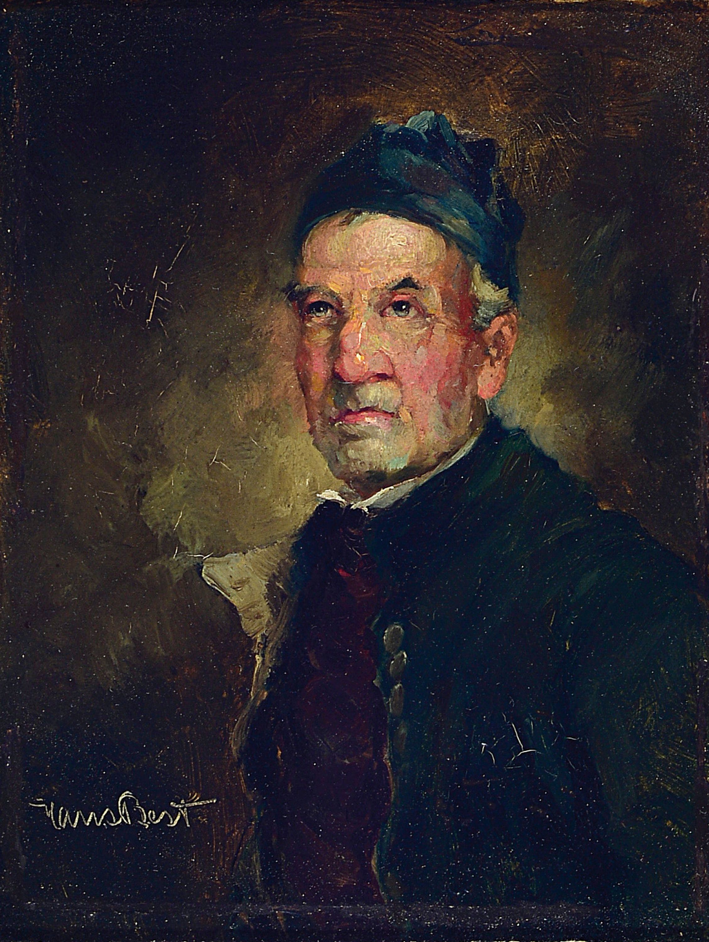Hans Best, 1874 Mannheim-1942 München, Porträt eines bärtigen Mannes mit Kappe, Öl/Hartfaser, links unten signiert, ca. 18x14cm, R. ca. 34x39cm
