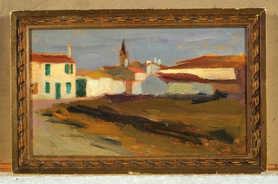 Image 26775633k - Attribution: Charles Dominique Fouqueray, 1872Le Mans-1956 Paris, view over fields on a village, oil/wood, stamped on the back Ch. Fouqueray, approx. 12x20cm, frame approx. 14.5x22cm