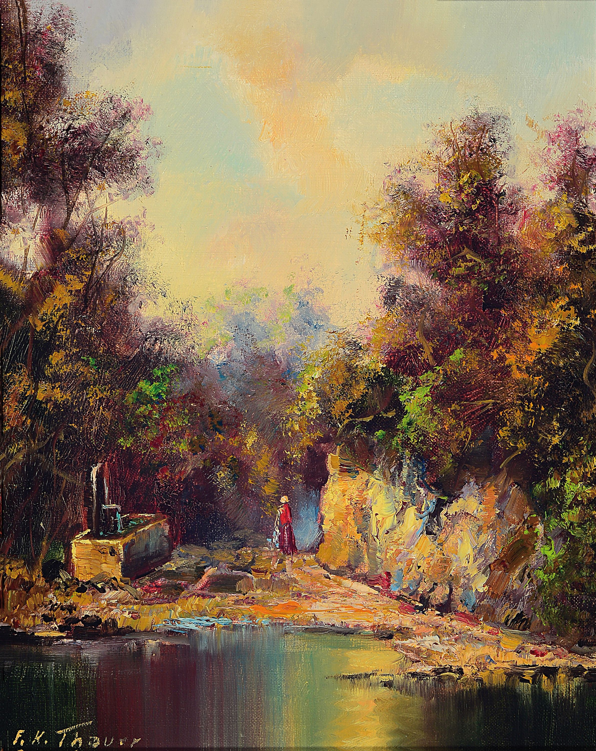 Friedrich Karl Thauer, 1924-2009, Frau am Brunnen an einem bewaldeten Ufer, Öl/Lwd, li. u. sign., ca. 30x25cm, R. ca. 39x32cm