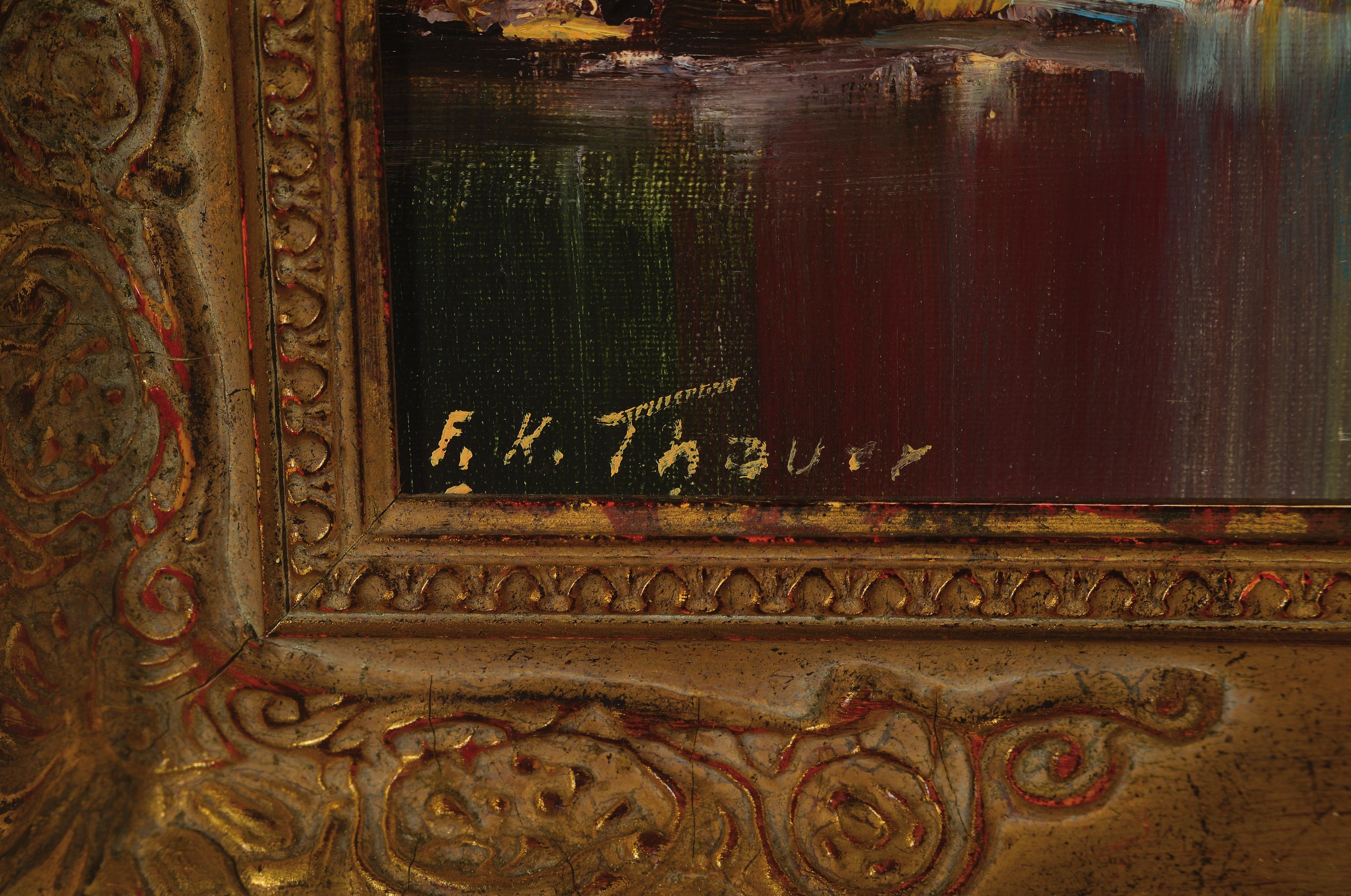 Detail l: Friedrich Karl Thauer, 1924-2009, Frau am Brunnen an einem bewaldeten Ufer, Öl/Lwd, li. u. sign., ca. 30x25cm, R. ca. 39x32cm