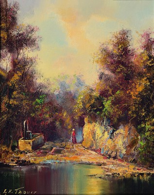 Image 26775706 - Friedrich Karl Thauer, 1924-2009, woman at thefountain on a wooded bank, oil/canvas, left. u. sign., approx. 30x25cm, frame approx. 39x32cm