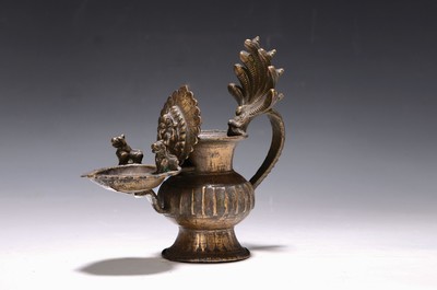 Image oil lamp, India, 19th century, rich decoration, deities Naga and Ganesha, height approx. ...