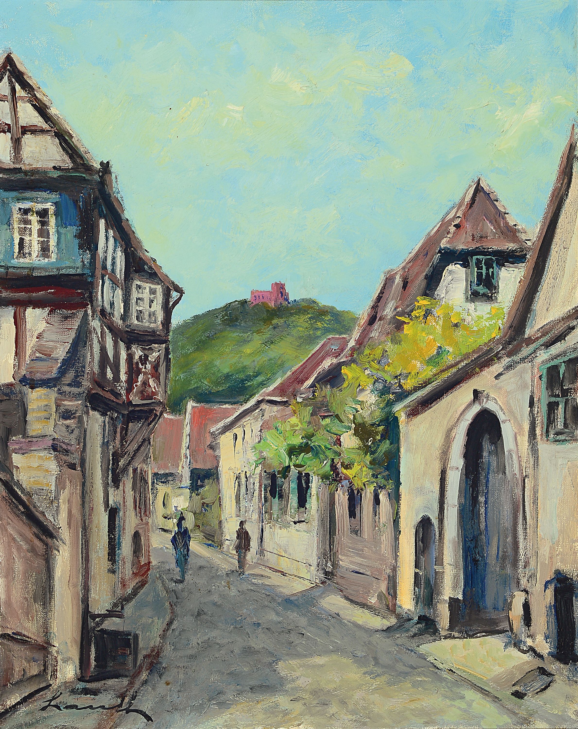 Robert Lauth, 1896-1985 Ludwigshafen, Straße in Hambach mit Blick auf das Schloß, Öl/Lwd, links unten sign., ca. 50x40cm, R. ca. 59x49cm