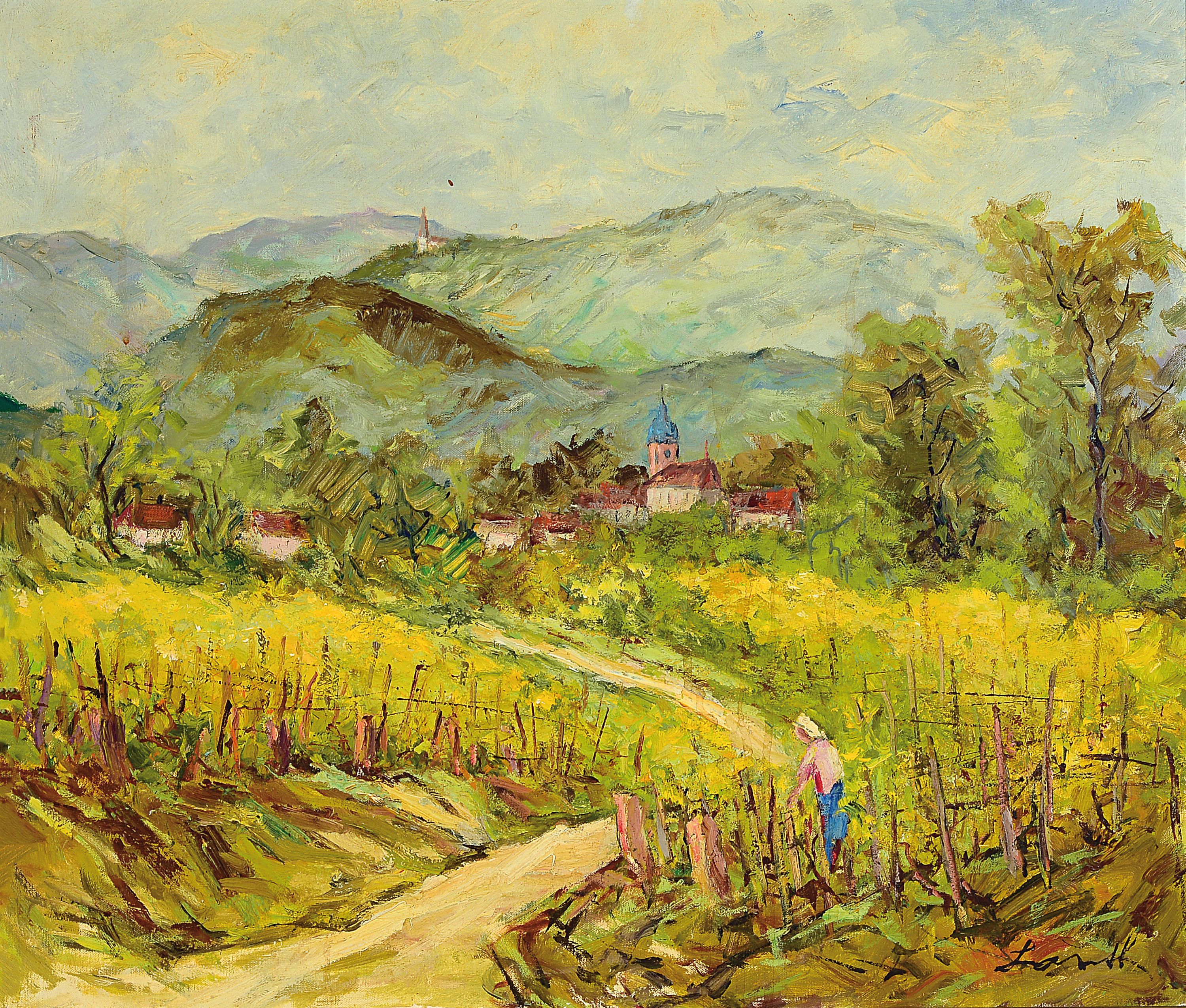 Robert Lauth, 1896-1985 Ludwigshafen, Burrweiler und die St. Anna Kapelle, Öl/Lwd, rechts unten signiert, ca. 60x70cm, R. ca. 74x84cm