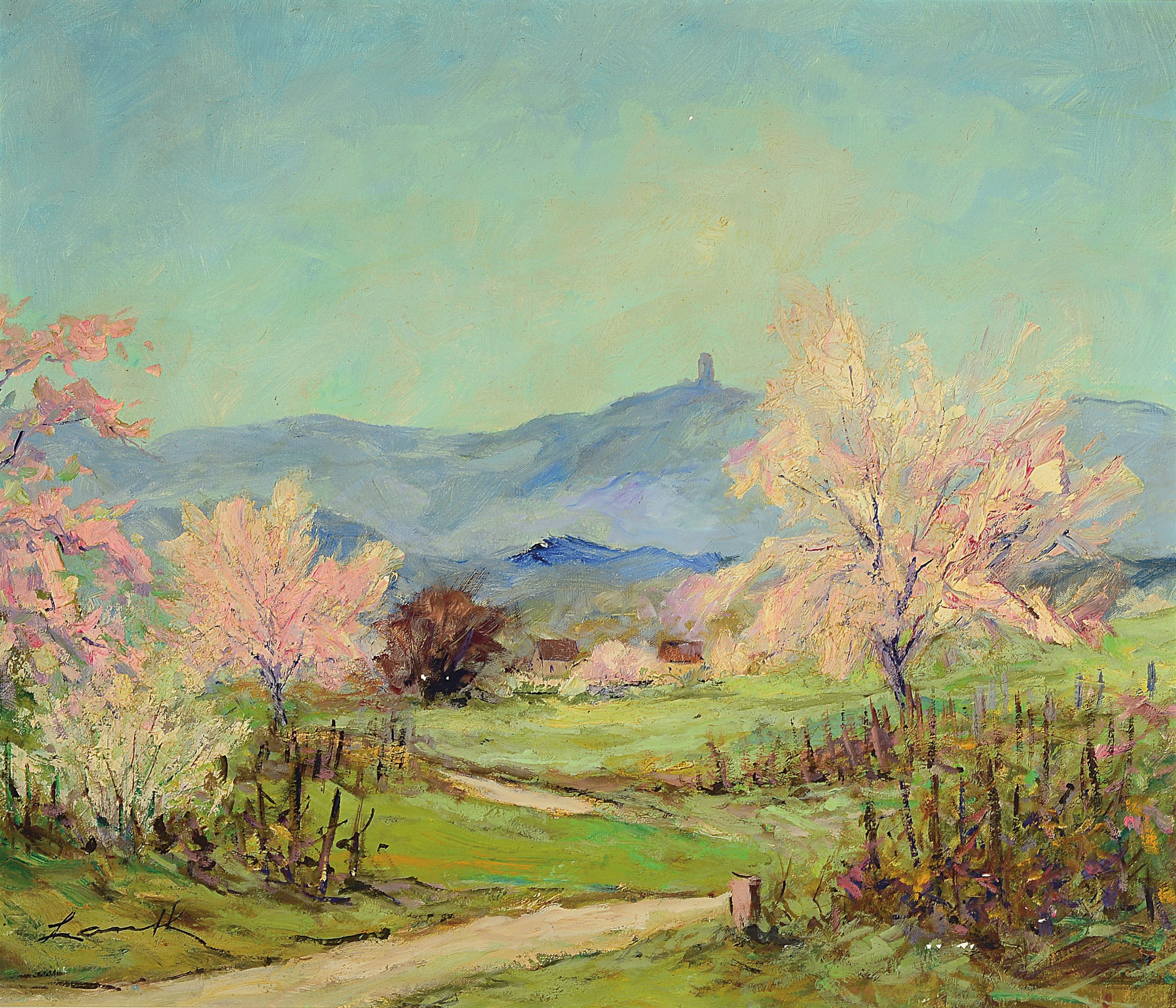 Robert Lauth, 1896-1985 Ludwigshafen, Blick über blühende Bäume auf den Bismarck- Turm, Öl/Lwd, links unten sign., kleinere Farbabplatzungen, ca. ...