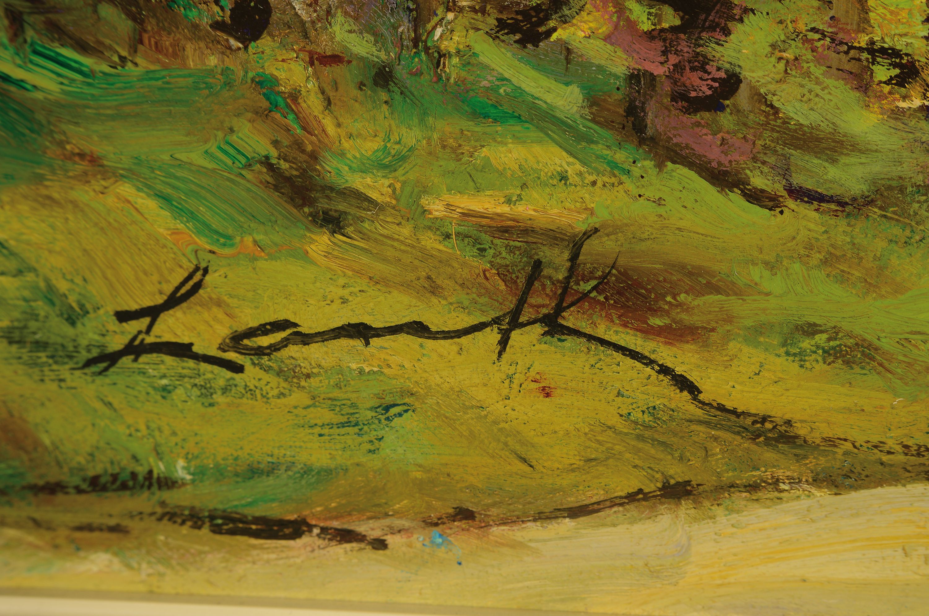 Detail l: Robert Lauth, 1896-1985 Ludwigshafen, Blick über blühende Bäume auf den Bismarck- Turm, Öl/Lwd, links unten sign., kleinere Farbabplatzungen, ca. ...